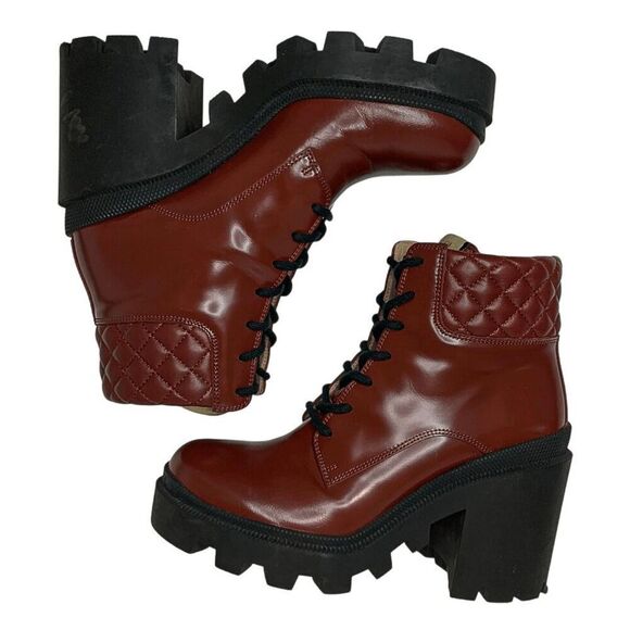 Gucci Magnum Garnet Red Patent Leather Lug Sole Lace Up Boots 37.5 Block Heel - Picture 7 of 12